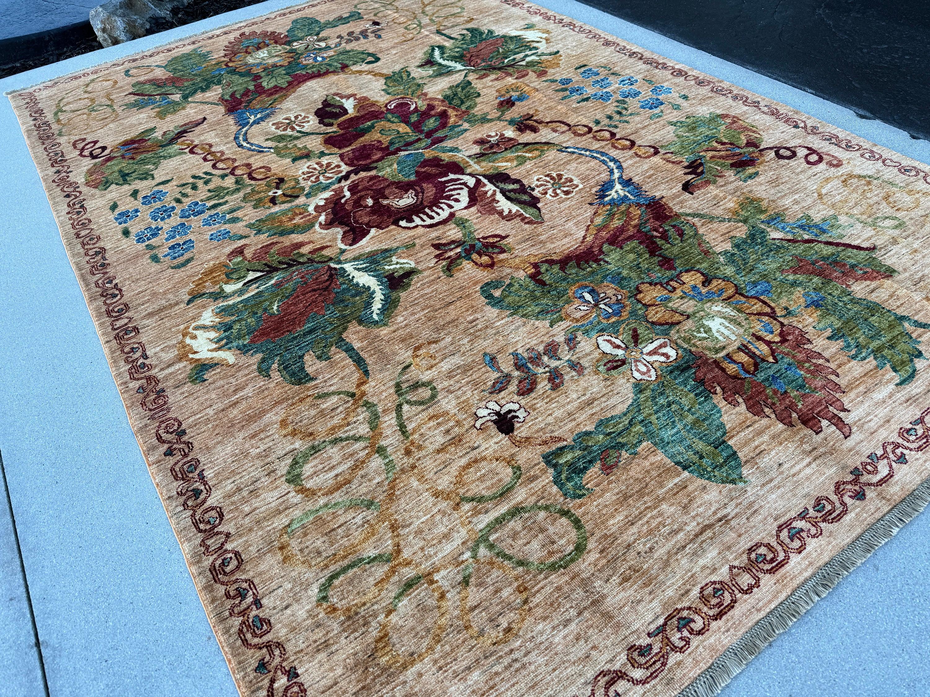 7x10 (210x305) Handmade Afghan Rug | Honey Caramel Moss Green Auburn Forest Green Navy Blue | Wool Hand Knotted Nature Floral Mural