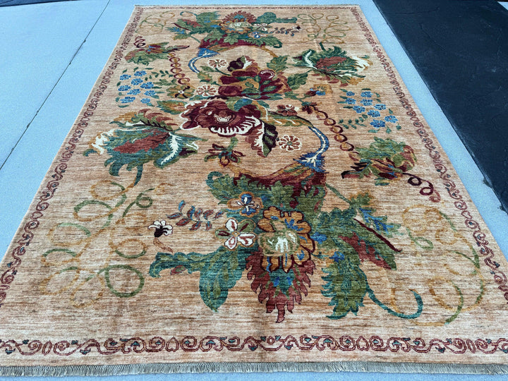 7x10 (210x305) Handmade Afghan Rug | Honey Caramel Moss Green Auburn Forest Green Navy Blue | Wool Hand Knotted Nature Floral Mural