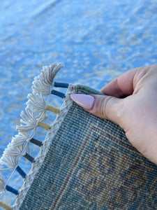 9x11 (275x335) Handmade Afghan Rug | Royal Denim Sky Blue Gold Cream Grey Gray | Wool Floral Hand Knotted Turkish Persian