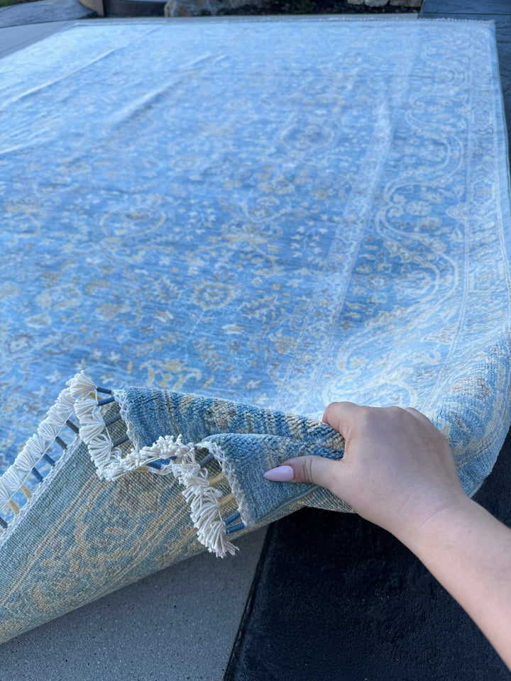 9x11 (275x335) Handmade Afghan Rug | Royal Denim Sky Blue Gold Cream Grey Gray | Wool Floral Hand Knotted Turkish Persian