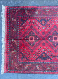 3x10 (90x305) Handmade Afghan Runner Rug | Cherry Crimson Red Black Charcoal Grey Cream Navy Blue Burnt Orange Wool Hand Knotted Traditional
