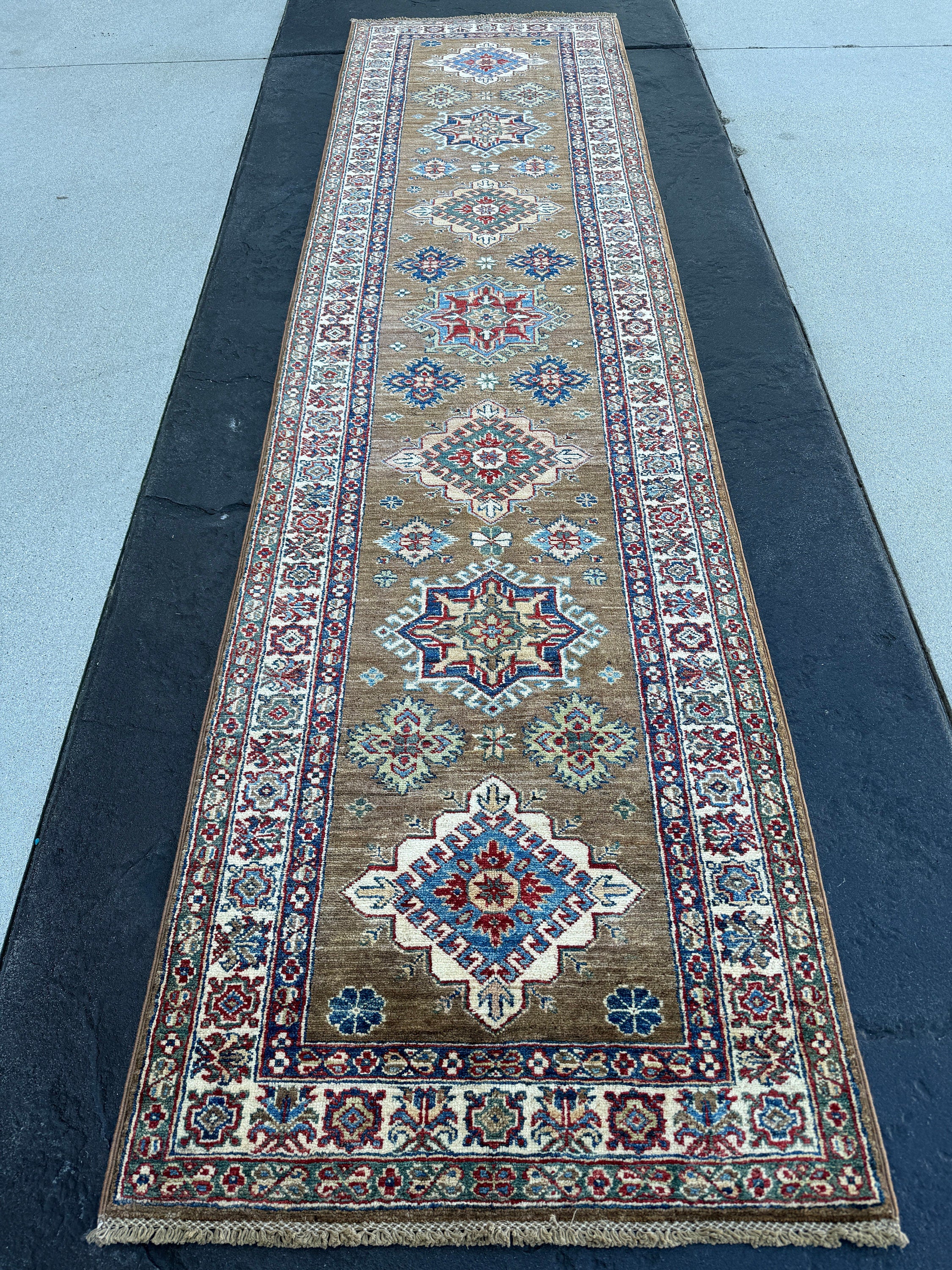 3x10 (90x305) Handmade Afghan Runner Rug | Olive Mint Green Walnut Brown Denim Sapphire Blue Ivory Cream Brick Ruby Red | Wool Kazak